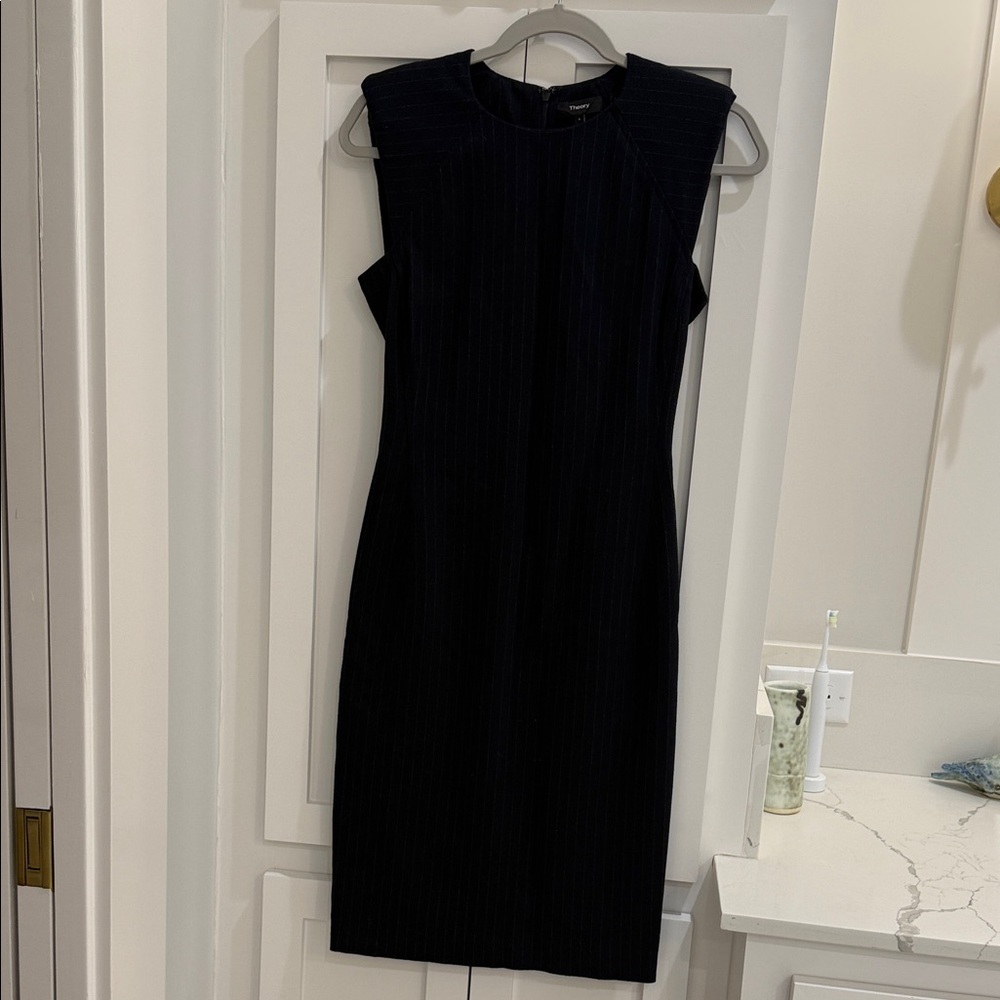 Theory Navy Pinstripe Fitted Midi Dress